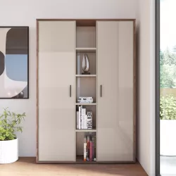 Libreria 130x190h cm noce brera con 2 ante cashmere lucido e vani a giorno - Flit