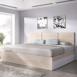 Letto matrimoniale 160x200 cm bianco ed effetto rovere naturale con testata e 4 cassetti - Verve