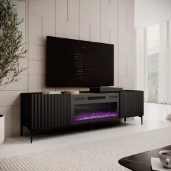 Mobile porta tv 180x54h cm nero cannettato ad onda e top effetto rovere con caminetto elettrico - Isolde