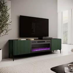 Mobile porta tv 180x54h cm verde cannettato ad onda e top effetto rovere con caminetto elettrico e piedi neri - Isolde