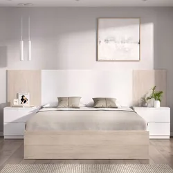 Letto matrimoniale 160x200 cm bianco ed effetto rovere cannettato con testata e 2 comodini - Nexa