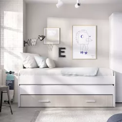 Letto singolo 90x190 bianco ed effetto rovere cannettato con letto estraibile - Echo