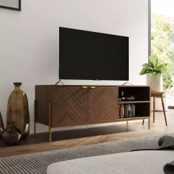 Mobile porta tv 120x48h cm in legno noce effetto parquet con 2 ante e struttura in metallo oro opaco - Mufasa