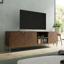 Mobile porta tv 150x48h cm in legno noce effetto parquet con 3 ante e struttura in metallo oro opaco - Mufasa