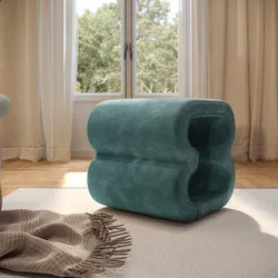 Pouf 45x42 cm in tessuto a trama sottile blu petrolio con design astratto - Everett