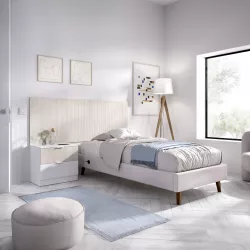 Testata per letto singolo bianco ed effetto rovere cannettato con comodino - Lunala