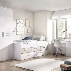 Letto singolo 90x190 cm bianco ed effetto rovere cannettato con letto estraibile e 3 cassetti - Keila