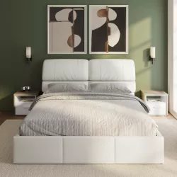 Letto matrimoniale contenitore 160x190 cm con testata sofà imbottita in similpelle bianca - Zulai