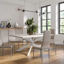 Tavolo da pranzo 180x90 cm top effetto rovere bianco 38 mm e gambe incrociate in metallo - Manty