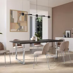 Tavolo da pranzo 180x90 cm top effetto rovere grigio 38 mm e gambe a U 5x5 in metallo cromo – Upton