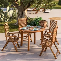Set pranzo tavolo rotondo 110 cm e 4 sedie con braccioli e schienale reclinabile in legno d'acacia - Paja