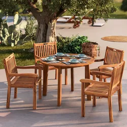 Set pranzo tavolo rotondo 110 cm e 4 maxi sedie con braccioli in legno d'acacia - Paja