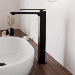 Miscelatore lavabo alto in ottone nero opaco con leva ottone satinato - Reef