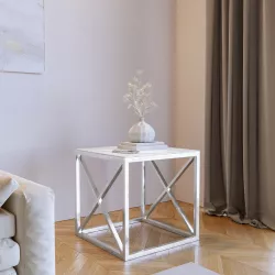 Tavolino 55x55 cm in metallo argento con piano in vetro bianco effetto marmo - Carballo