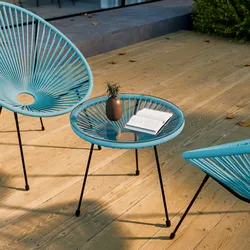 Tavolino da giardino rotondo 50 cm in metallo nero e corda azzurro con top in vetro - Kalimba
