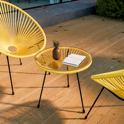 Tavolino da giardino rotondo 50 cm in metallo nero e corda gialla con top in vetro - Kalimba