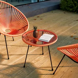 Tavolino da giardino rotondo 50 cm in metallo nero e corda arancione con top in vetro - Kalimba