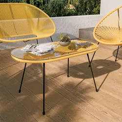 Tavolino da giardino 90x50 cm in metallo nero e corda gialla con top in vetro - Kalimba