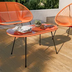 Tavolino da giardino 90x50 cm in metallo nero e corda arancione con top in vetro - Kalimba