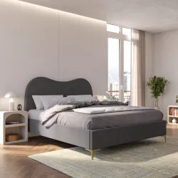 Letto matrimoniale 160x190 cm in tessuto grigio cenere con contenitore e piedi oro - Goldie