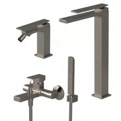 Set miscelatore lavabo alto con bidet ed esterno vasca con doccino nikel spazzolato - Reef