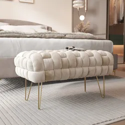 Panca 77x43h cm in velluto intrecciato crema con gambe in metallo oro - Jagger