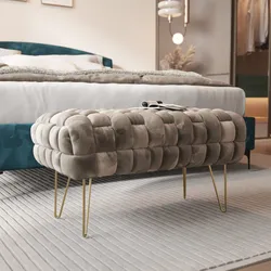 Panca 77x43h cm in velluto intrecciato tortora con gambe in metallo oro - Jagger
