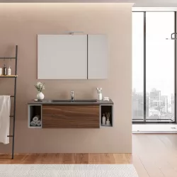 Mobile bagno sospeso 120 cm rovere deciso con vani grigio matt e lavabo integrato - Verano