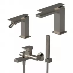 Set miscelatore lavabo con bidet ed esterno vasca con doccino nikel spazzolato - Reef