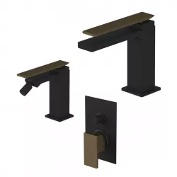 Set miscelatore lavabo con bidet e incasso doccia con deviatore nero e ottone satinato - Reef