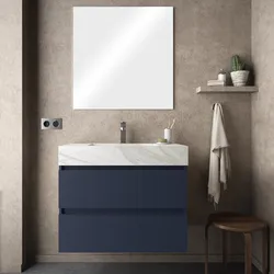 Mobile bagno sospeso 80 cm blu satinato e lavabo effetto marmo bianco con specchio - Jalama