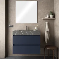 Mobile bagno sospeso 80 cm blu satinato e lavabo effetto pietra grigia con specchio - Jalama