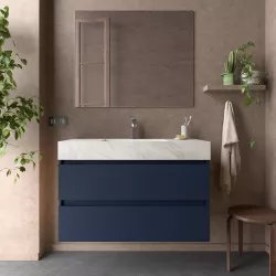 Mobile bagno sospeso 100 cm blu satinato e lavabo effetto marmo bianco con specchio - Jalama