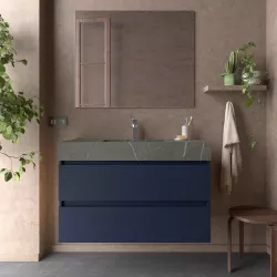 Mobile bagno sospeso 100 cm blu satinato e lavabo effetto pietra grigia con specchio - Jalama