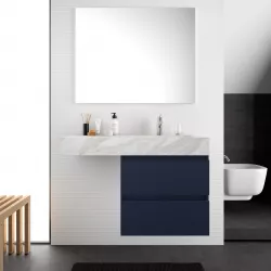 Mobile bagno sospeso 100 cm blu satinato e lavabo effetto marmo bianco dx con specchio - Jalama