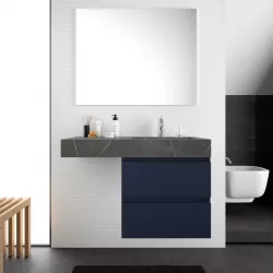 Mobile bagno sospeso 100 cm blu satinato e lavabo effetto pietra grigia dx con specchio - Jalama