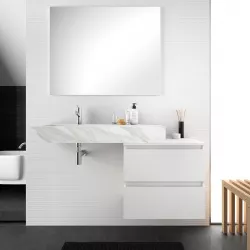 Mobile bagno sospeso 100 cm con top white satinato e lavabo effetto marmo bianco sx con specchio - Jalama