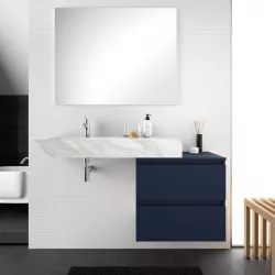 Mobile bagno sospeso 100 cm con top blu satinato e lavabo effetto marmo bianco sx con specchio - Jalama