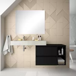 Mobile bagno sospeso 100 cm con vano a giorno e top nero satinato e lavabo effetto cemento sx con specchio - Jalama