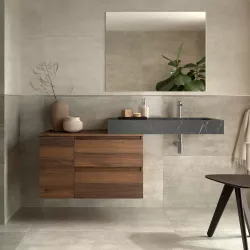 Mobile bagno sospeso 100 cm con modulo e top noce maya e lavabo effetto pietra grigia dx con specchio - Jalama