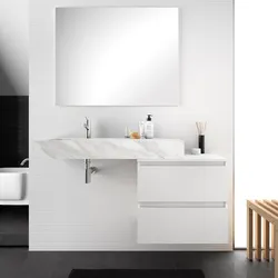 Mobile bagno sospeso 120 cm con top white satinato e lavabo effetto marmo bianco sx con specchio - Jalama