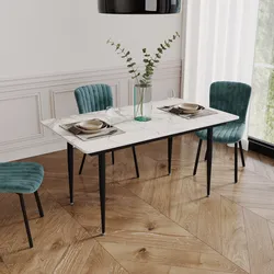 Tavolo 140x80 cm top in pietra bianca effetto marmo lucido e gambe in acciaio nero - Lieto