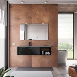 Mobile bagno sospeso 120 cm antracite con frontale in vetro vano a giorno e lavabo integrato con specchio  - Laila