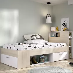 Letto singolo 90X190 cm bianco ed effetto rovere naturale con cassetti e testata struttura a vani - Kygo