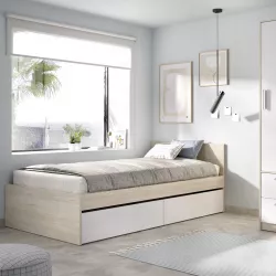 Letto singolo 90x190 cm effetto rovere naturale con testata e cassetti bianco - Thera