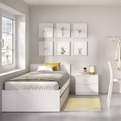 Letto singolo 90x190 cm bianco con testata e letto estraibile effetto rovere naturale - Thera