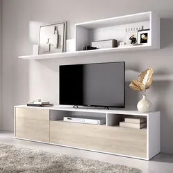 Parete attrezzata 180 cm bianco ed effetto rovere naturale con vani a giorno e 2 ante - Beverly