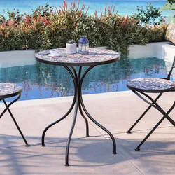 Tavolo da giardino rotondo 60 cm in metallo nero con mosaico floreale in ceramica - Otranto