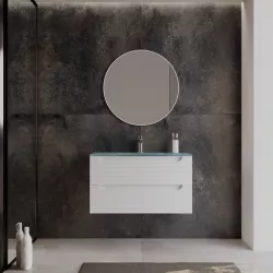 Mobile bagno sospeso 90 cm con cassetti bianco opaco e lavabo in vetro blu opaco - Deck