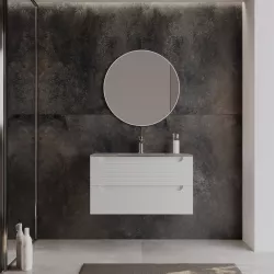 Mobile bagno sospeso 90 cm bianco opaco cannettato con cassetti e lavabo in vetro marrone kodiak - Deck